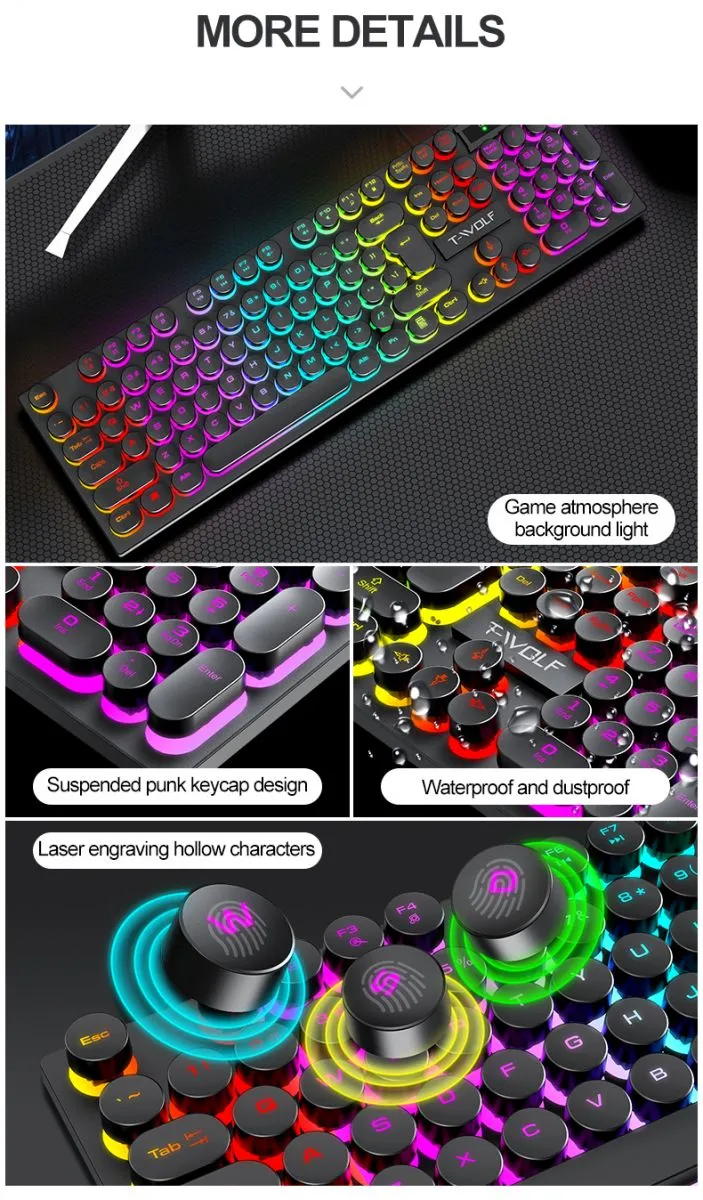 Bàn Phím Nút Tròn Gaming Màu Hồng T-WOLF T80 Led