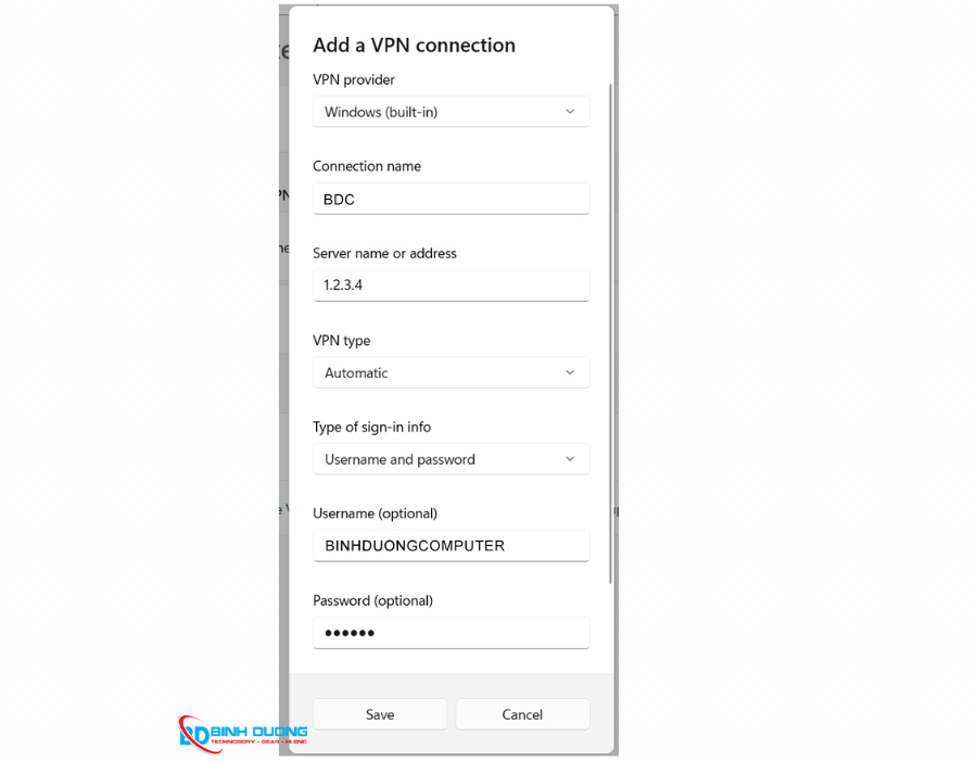 Nhập thông tin VPN