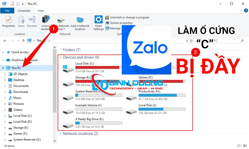Zalo làm ổ cứng C bị đầy màu đỏ