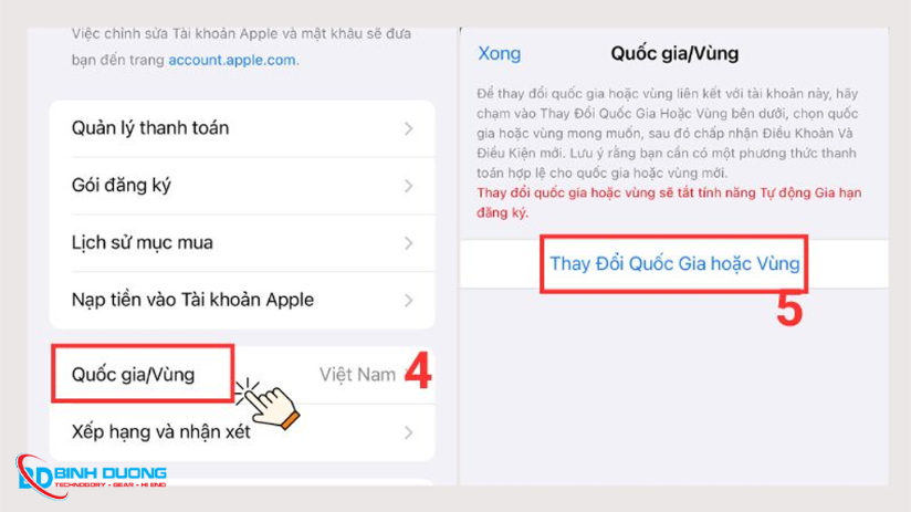 Thay đổi quốc gia hoặc vùng