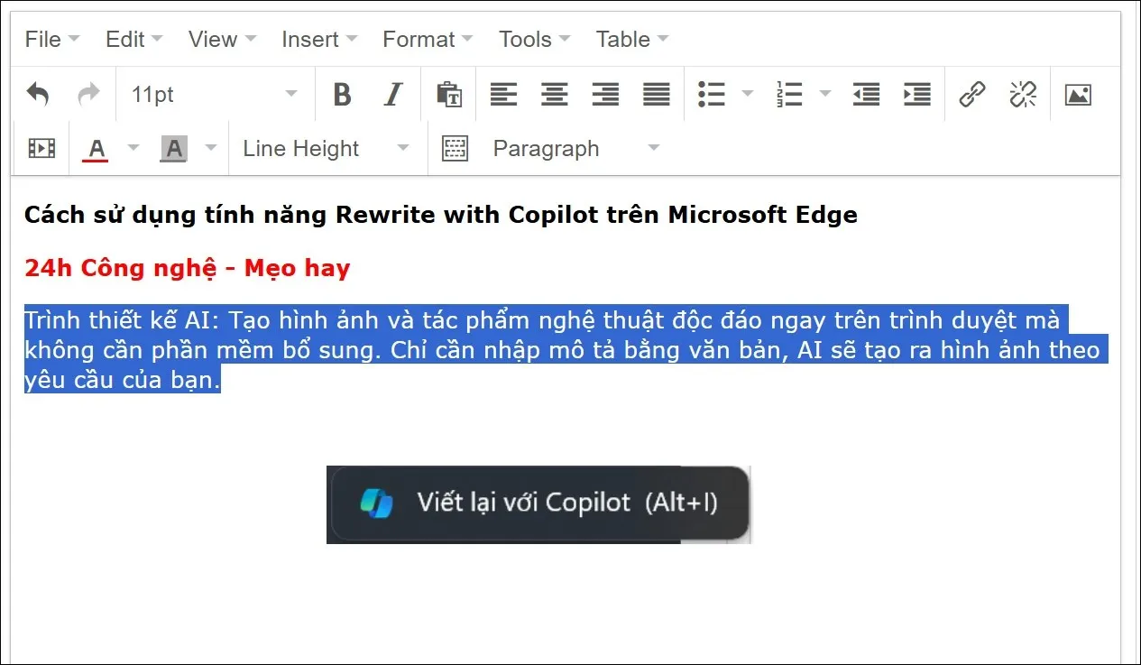 Viết lại văn bản với CoPilot trên hệ thống Edge Microsoft