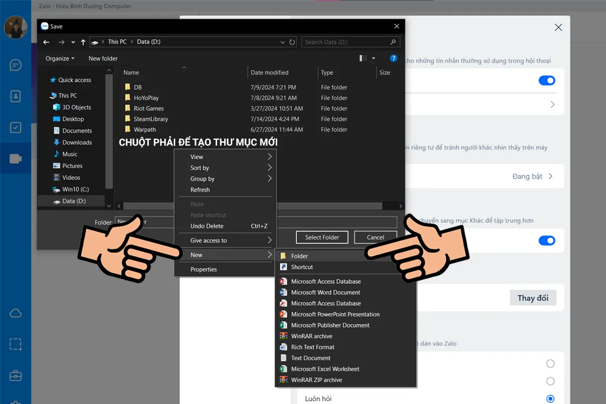 Tạo thư mục mới lưu file Zalo