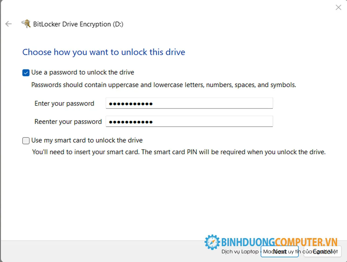 Nhập password bitlocker