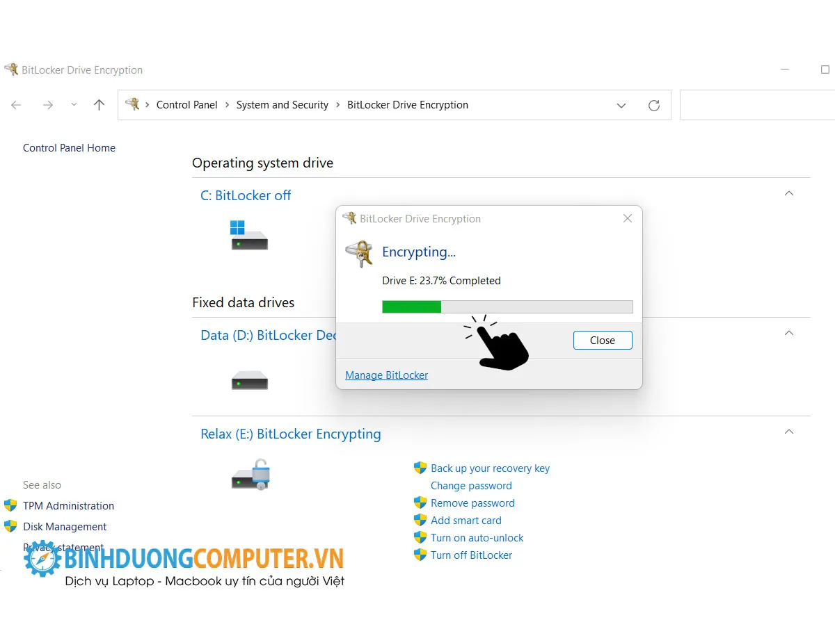 Qu&aacute; tr&igrave;nh m&atilde; ho&aacute; bitlocker đang được xử l&yacute;