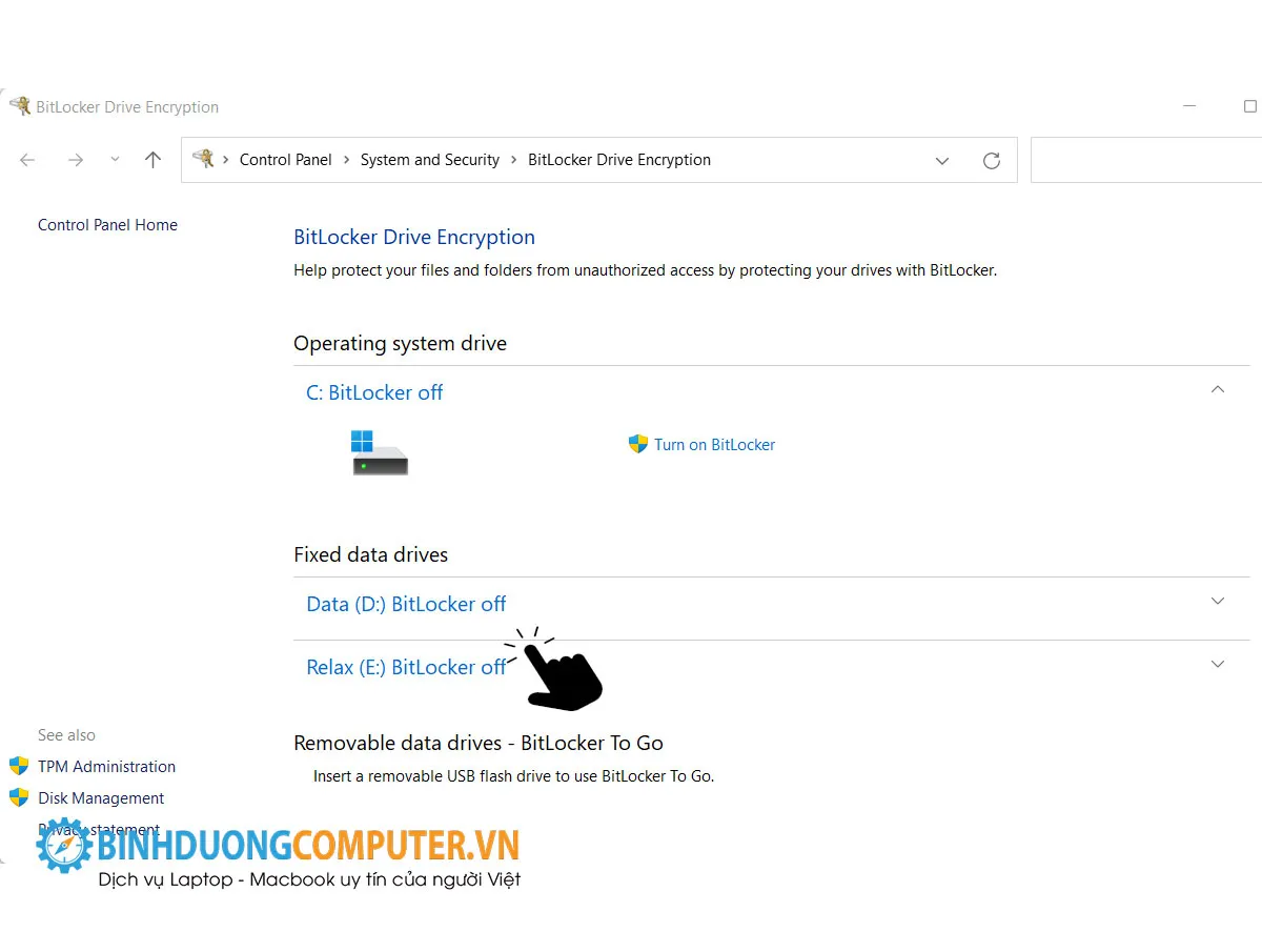 chế độ bitlocker chuyển sang chế độ Off