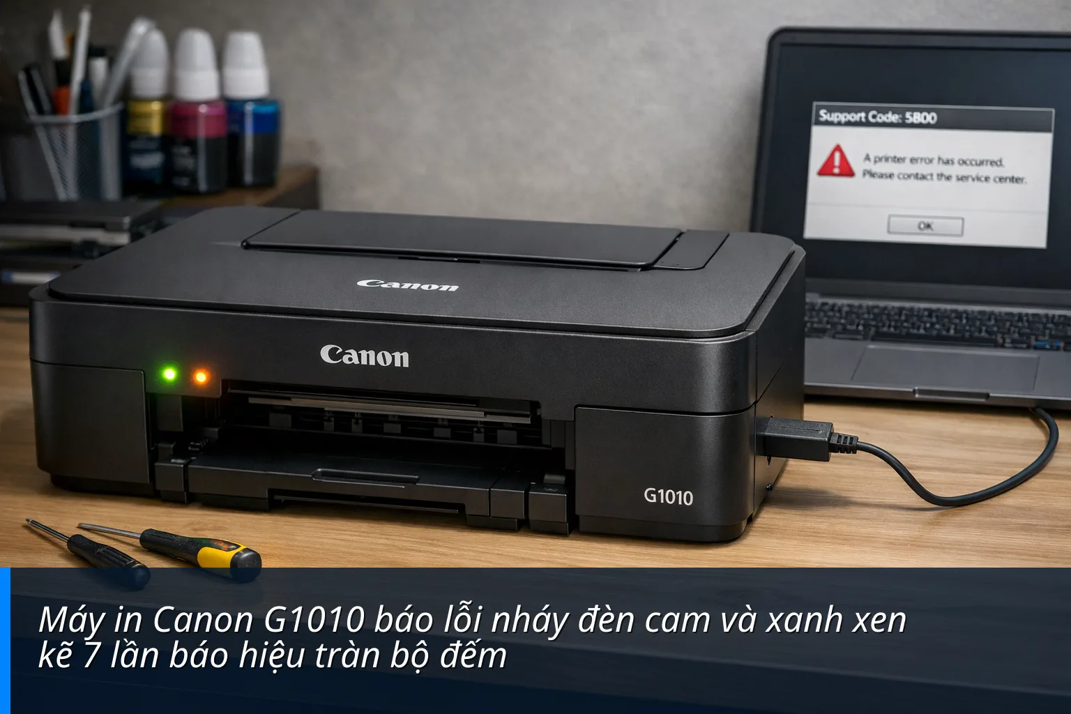 Máy in Canon G1010 báo lỗi nháy đèn cam và xanh xen kẽ 7 lần báo hiệu tràn bộ đếm - Cách Reset bộ đếm Canon G1010