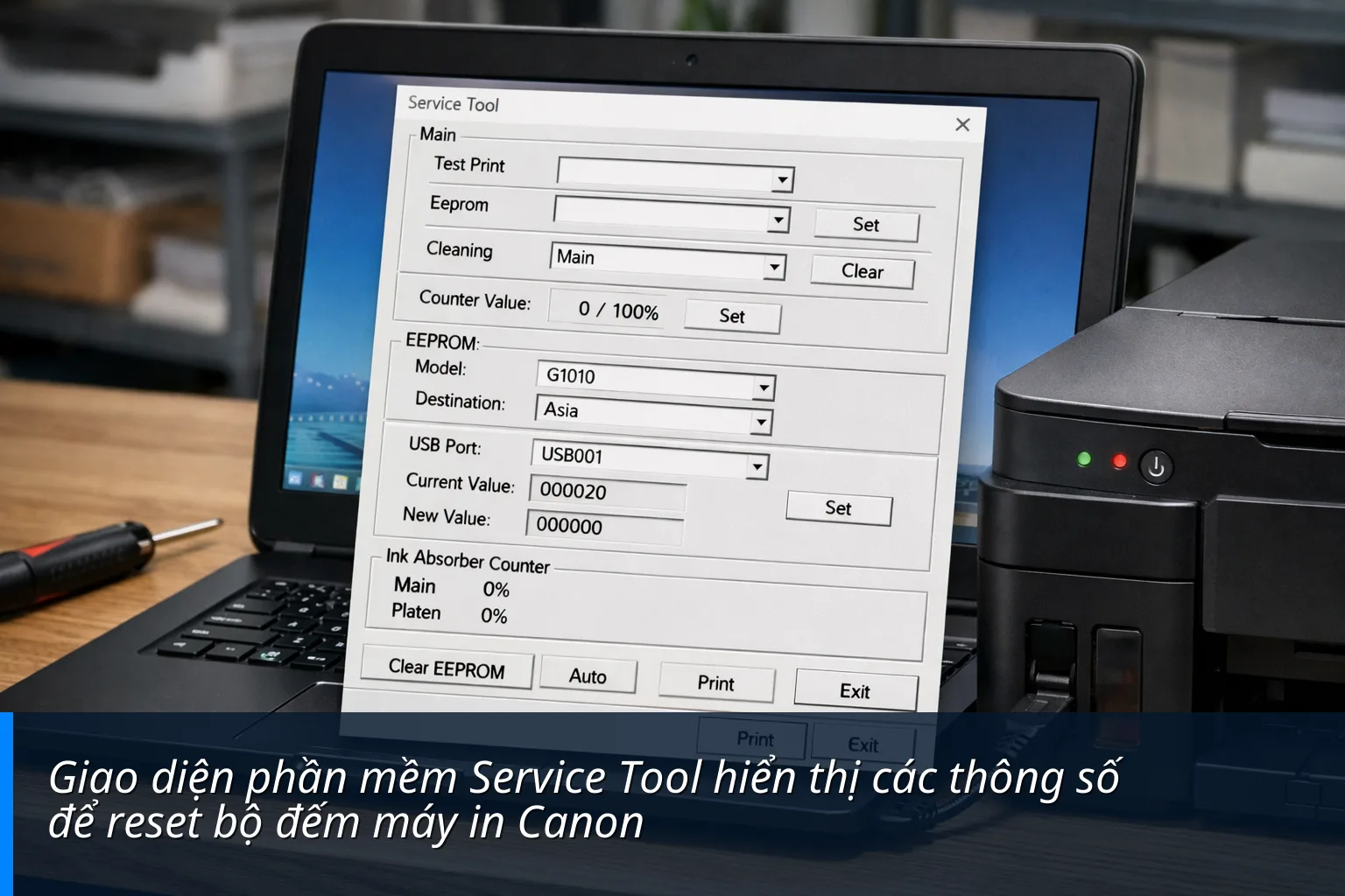 Giao diện phần mềm Service Tool hiển thị các thông số để reset bộ đếm máy in Canon - Cách Reset bộ đếm Canon G1010