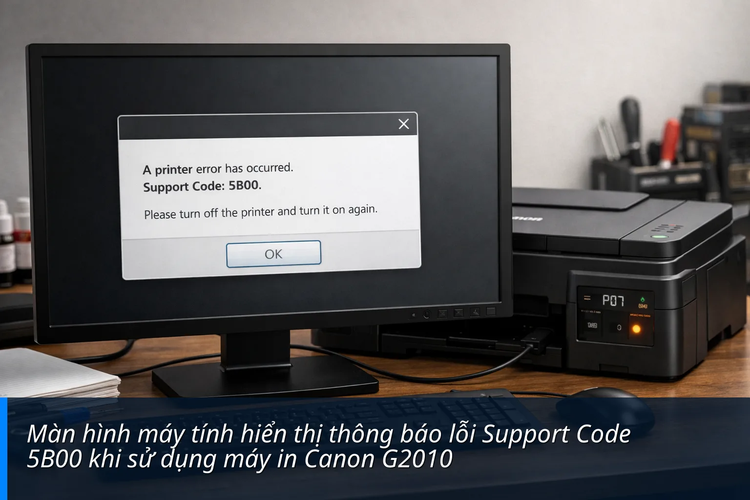 Màn hình máy tính hiển thị thông báo lỗi Support Code 5B00 khi sử dụng máy in Canon G2010 Màn hình máy tính hiển thị thông báo lỗi Support Code 5B00 khi sử dụng máy in Canon G2010 - Cách Reset bộ đếm Canon G2010