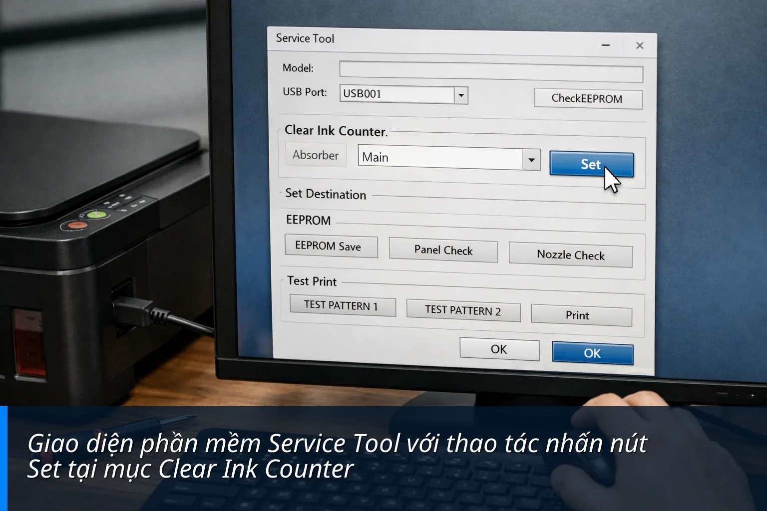 Giao diện phần mềm Service Tool với thao tác nhấn nút Set tại mục Clear Ink Counter Giao diện phần mềm Service Tool với thao tác nhấn nút Set tại mục Clear Ink Counter - Cách Reset bộ đếm Canon G2010