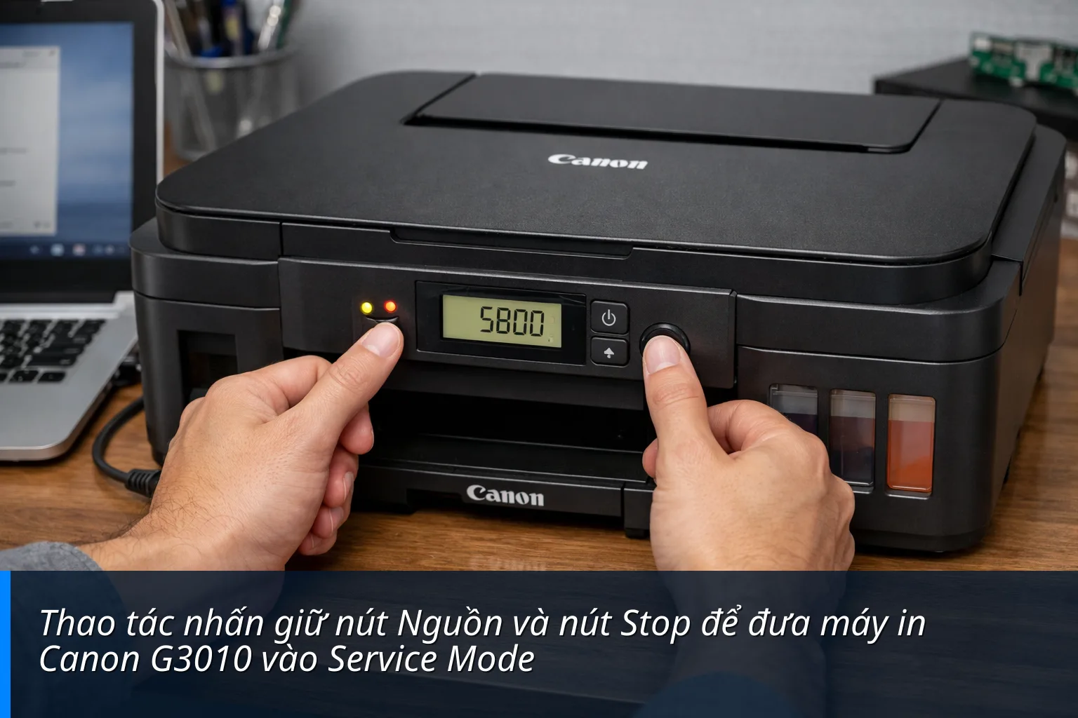 Thao tác nhấn giữ nút Nguồn và nút Stop để đưa máy in Canon G3010 vào Service Mode - Cách Reset bộ đếm Canon G3010
