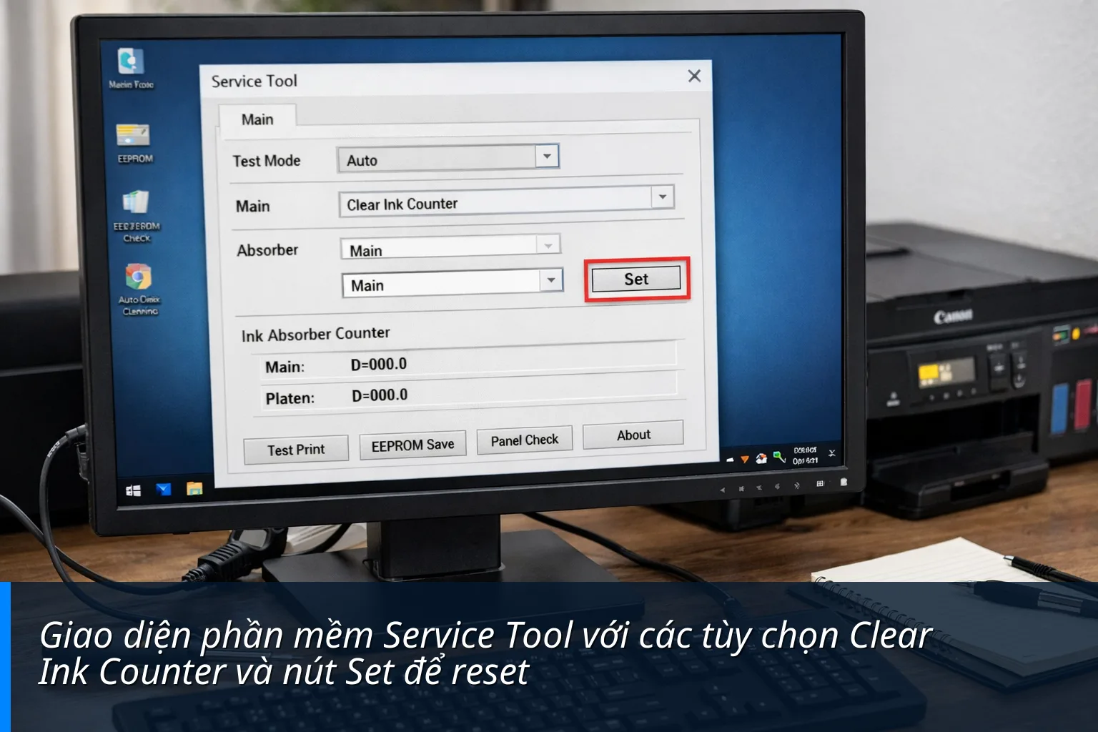 Giao diện phần mềm Service Tool với các tùy chọn Clear Ink Counter và nút Set để reset - Cách Reset bộ đếm Canon G3010