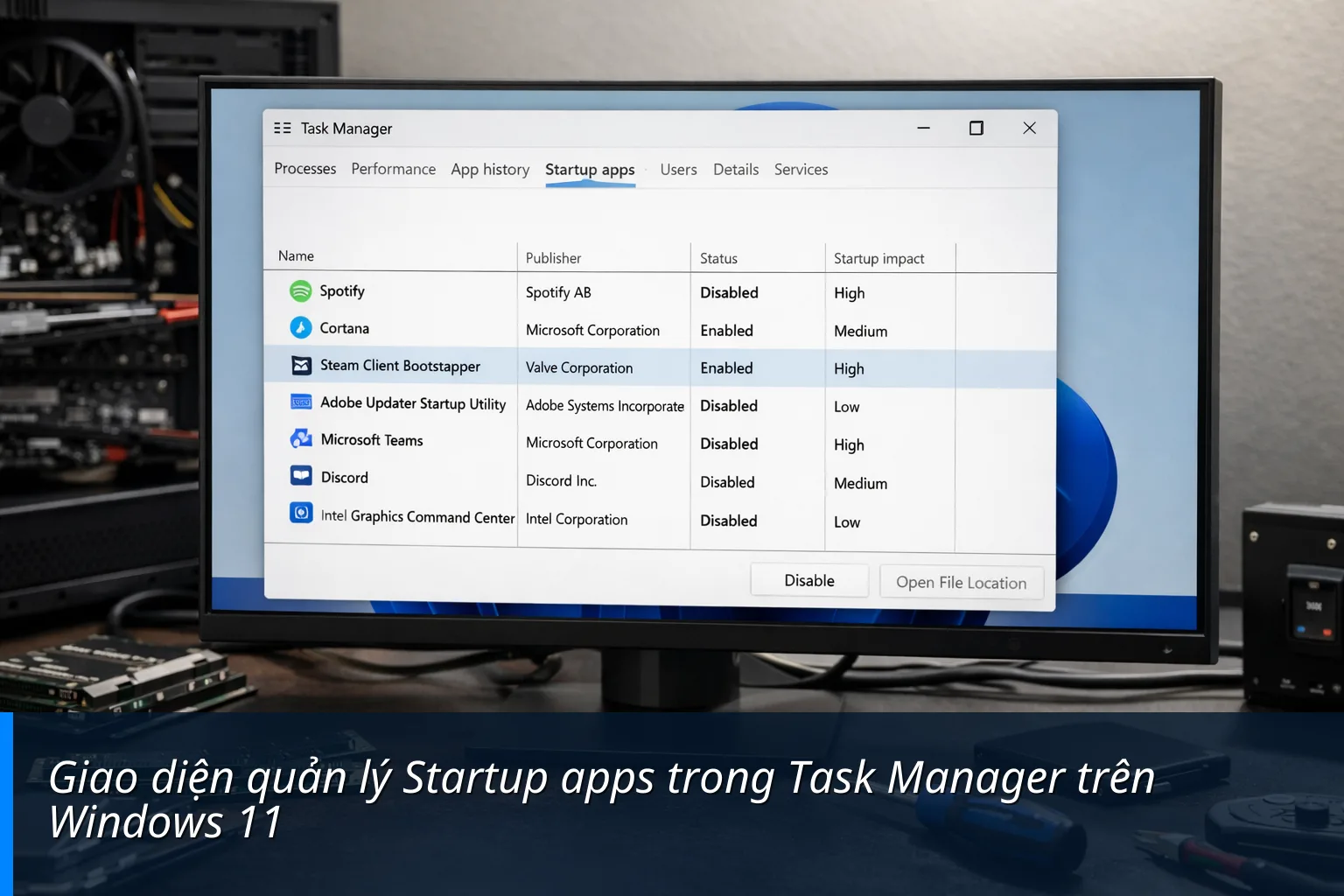 Giao diện quản lý Startup apps trong Task Manager trên Windows 11 - Cách tăng tốc Windows 11