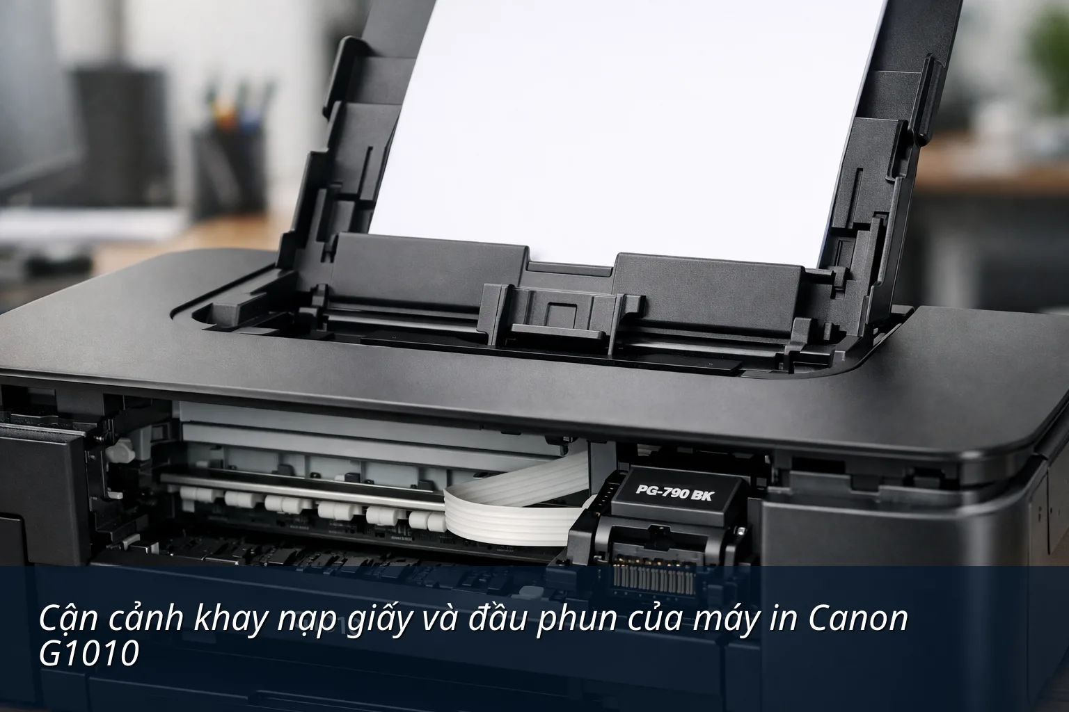Cận cảnh khay nạp giấy và đầu phun của máy in Canon G1010 - Đánh giá máy in Canon G1010