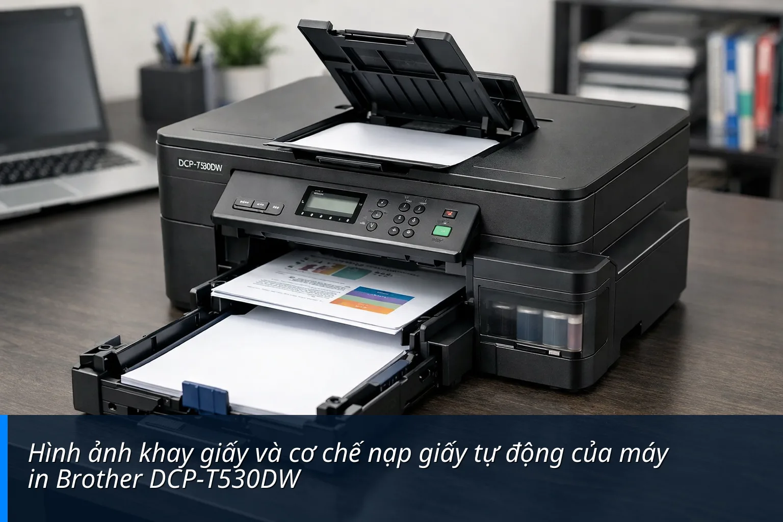 Hình ảnh khay giấy và cơ chế nạp giấy tự động của máy in Brother DCP-T530DW - Đánh giá : Máy in phun màu đa năng Brother DCP-T530DW Wifi