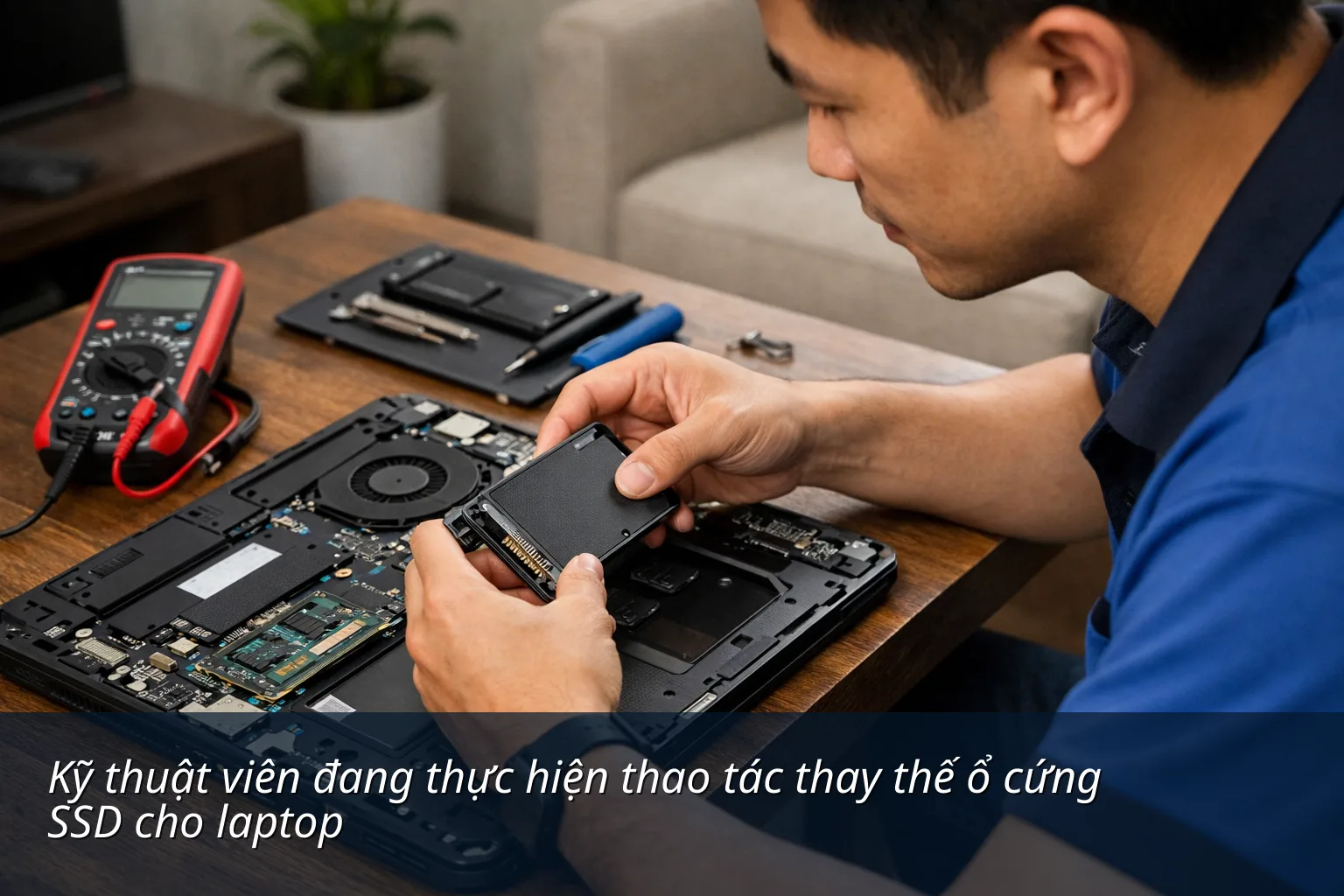 Kỹ thuật viên đang thực hiện thao tác thay thế ổ cứng SSD cho laptop - Sửa máy tính xã Hải Lộc