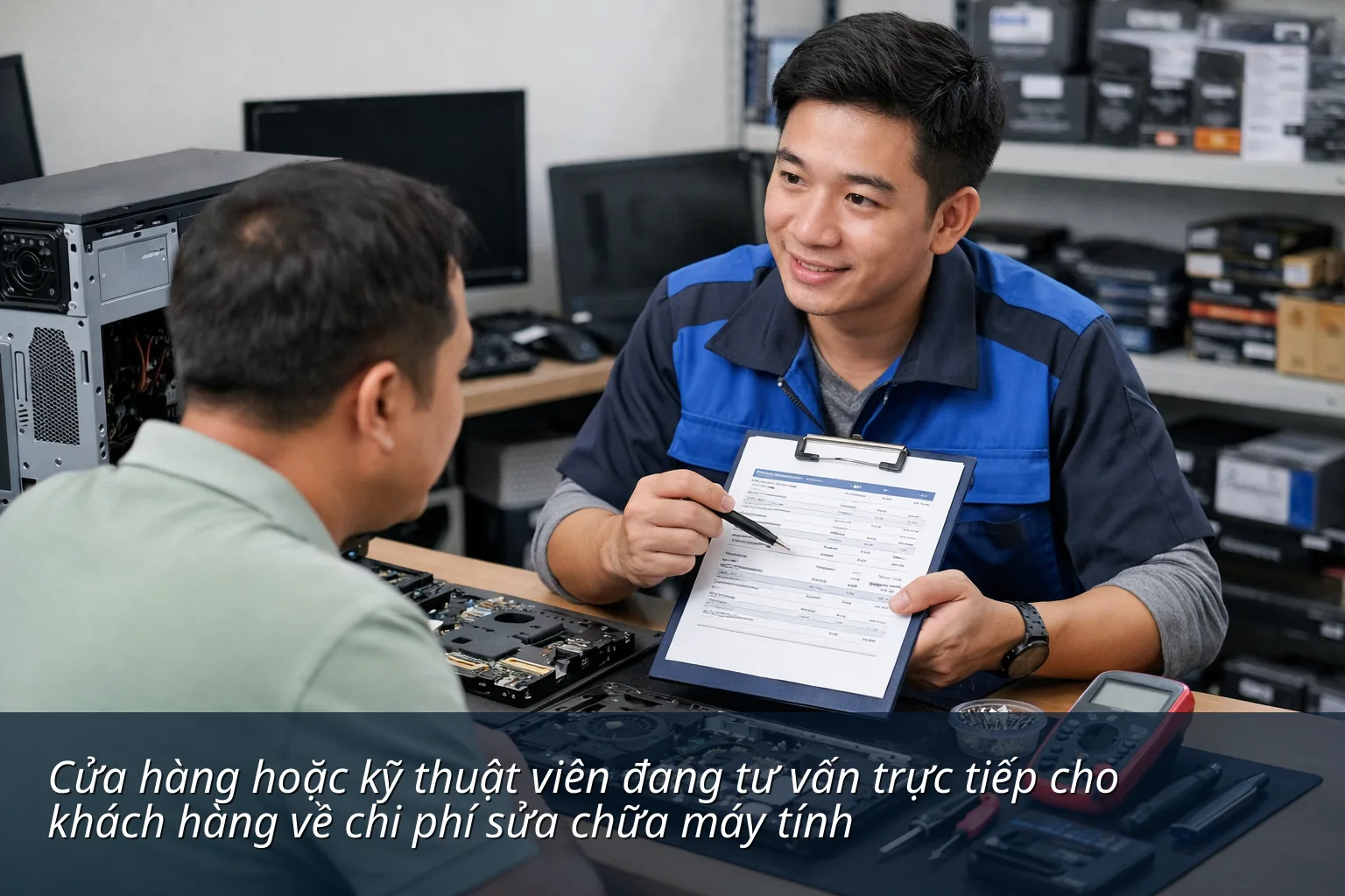 Cửa hàng hoặc kỹ thuật viên đang tư vấn trực tiếp cho khách hàng về chi phí sửa chữa máy tính - Sửa máy tính xã Hải Lộc