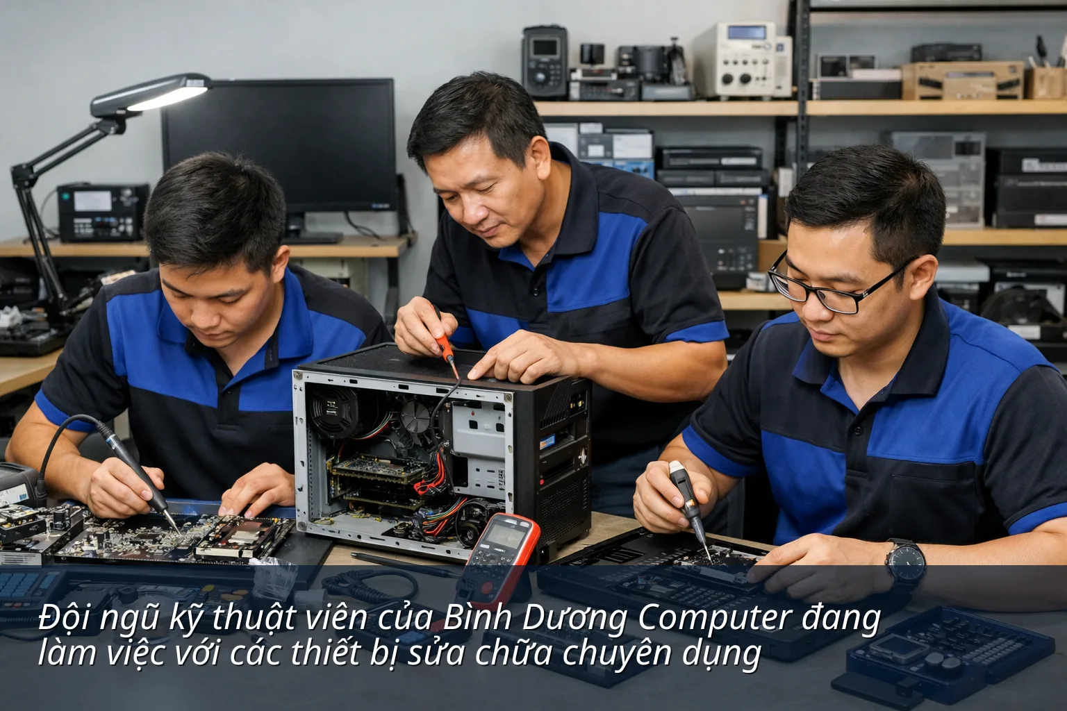 Đội ngũ kỹ thuật viên của Bình Dương Computer đang làm việc với các thiết bị sửa chữa chuyên dụng - Sửa máy tính xã Hải Lộc