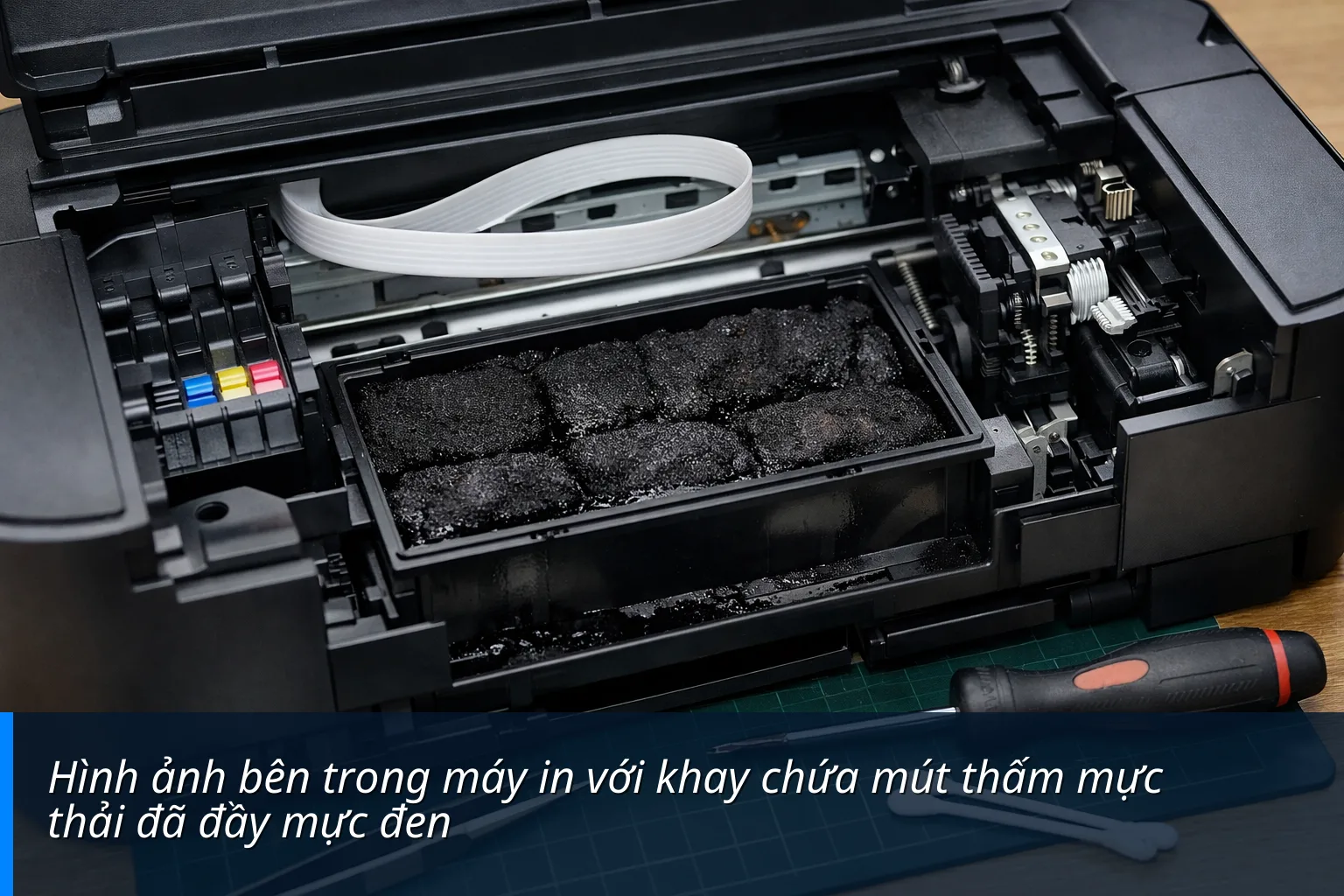 Hình ảnh bên trong máy in với khay chứa mút thấm mực thải đã đầy mực đen - Fix lỗi máy in Canon Báo Lỗi 5B00