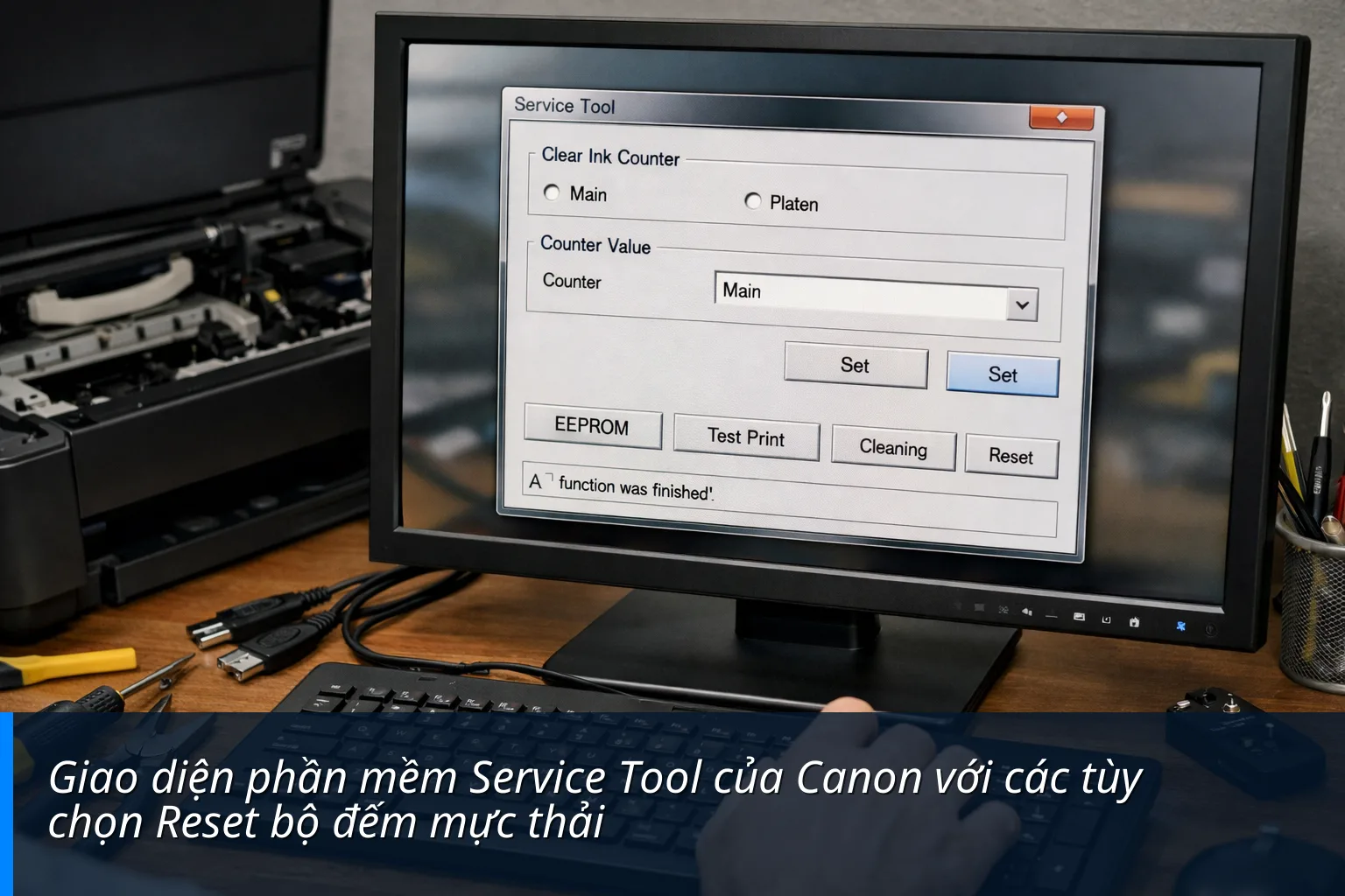 Giao diện phần mềm Service Tool của Canon với các tùy chọn Reset bộ đếm mực thải - Fix lỗi máy in Canon Báo Lỗi 5B00