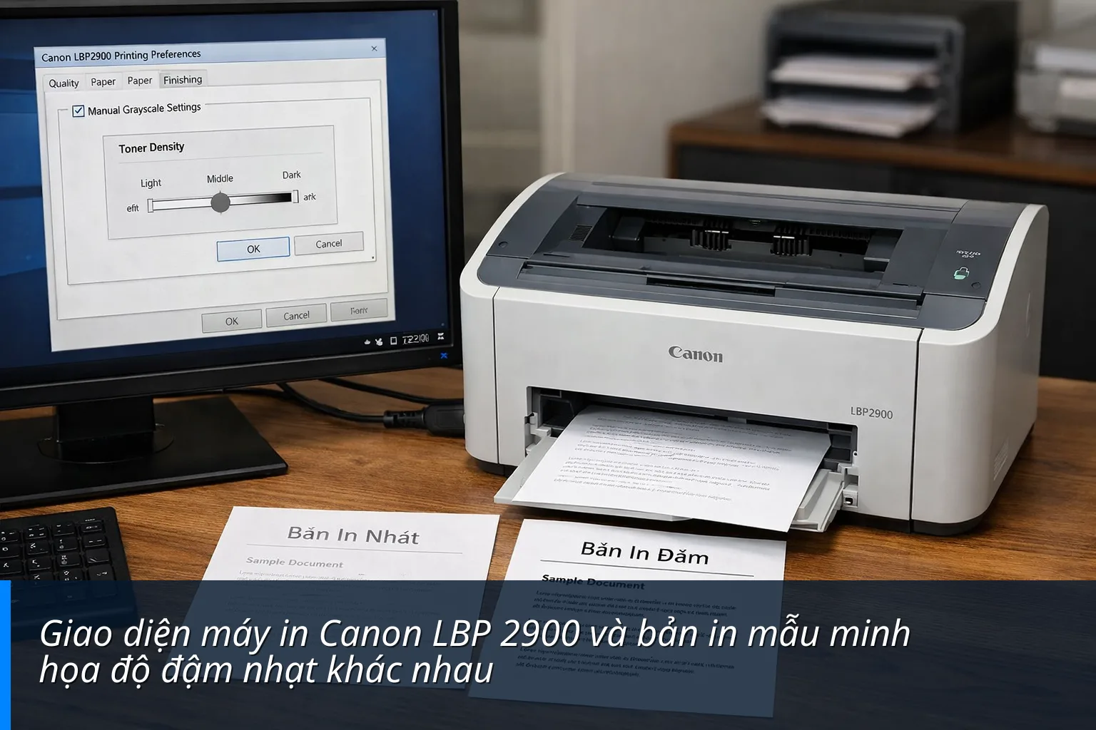 Giao diện máy in Canon LBP 2900 và bản in mẫu minh họa độ đậm nhạt khác nhau - Cách chỉnh mực máy in Canon 2900