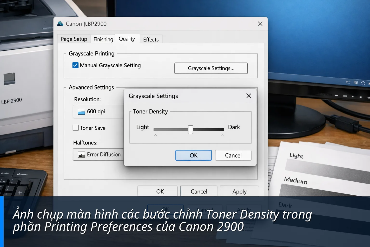 Ảnh chụp màn hình các bước chỉnh Toner Density trong phần Printing Preferences của Canon 2900 - Cách chỉnh mực máy in Canon 2900