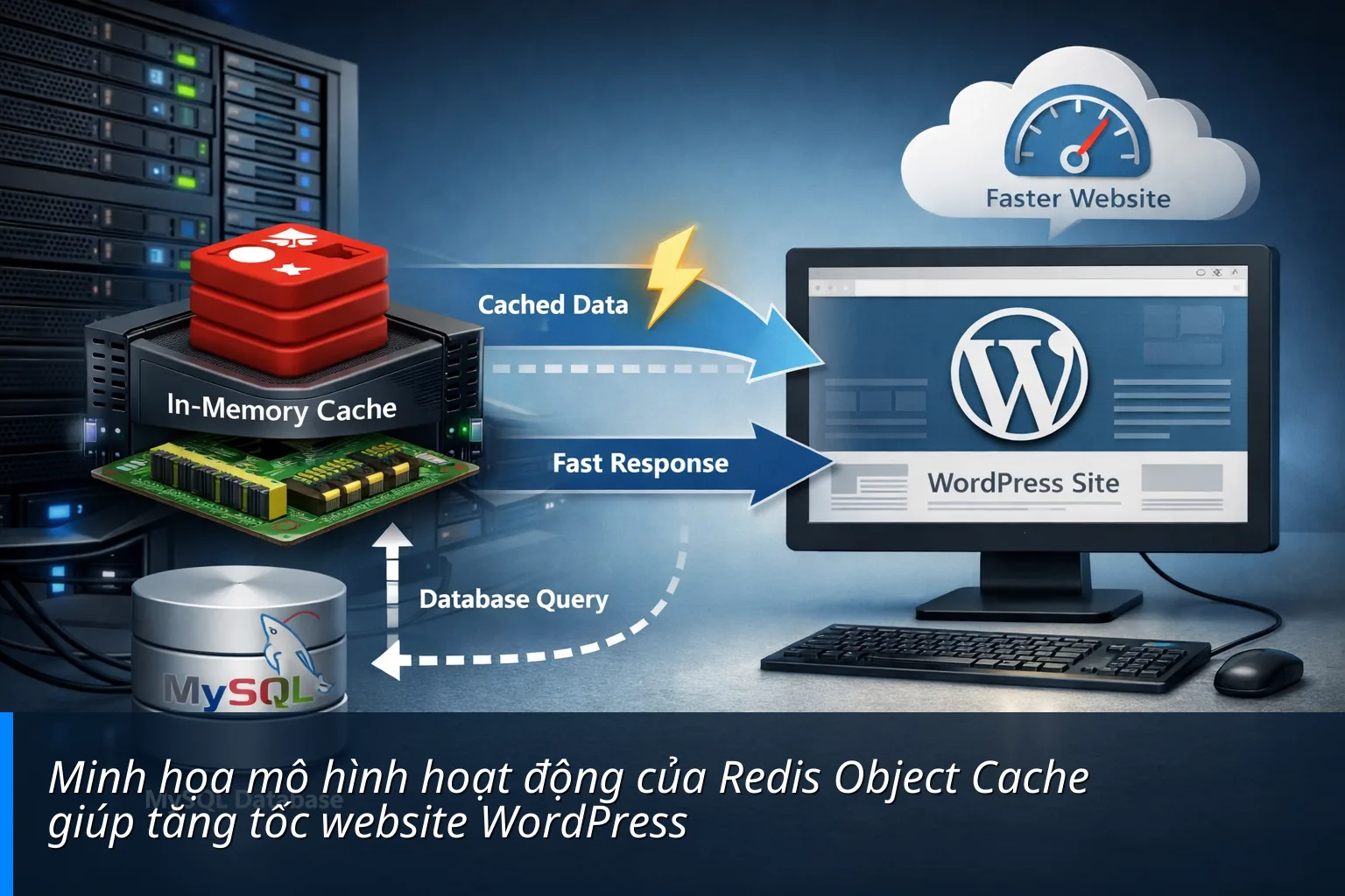 Minh họa mô hình hoạt động của Redis Object Cache giúp tăng tốc website WordPress - Hướng dẫn cài đặt Redis Object Cache cho WordPress trên cPanel