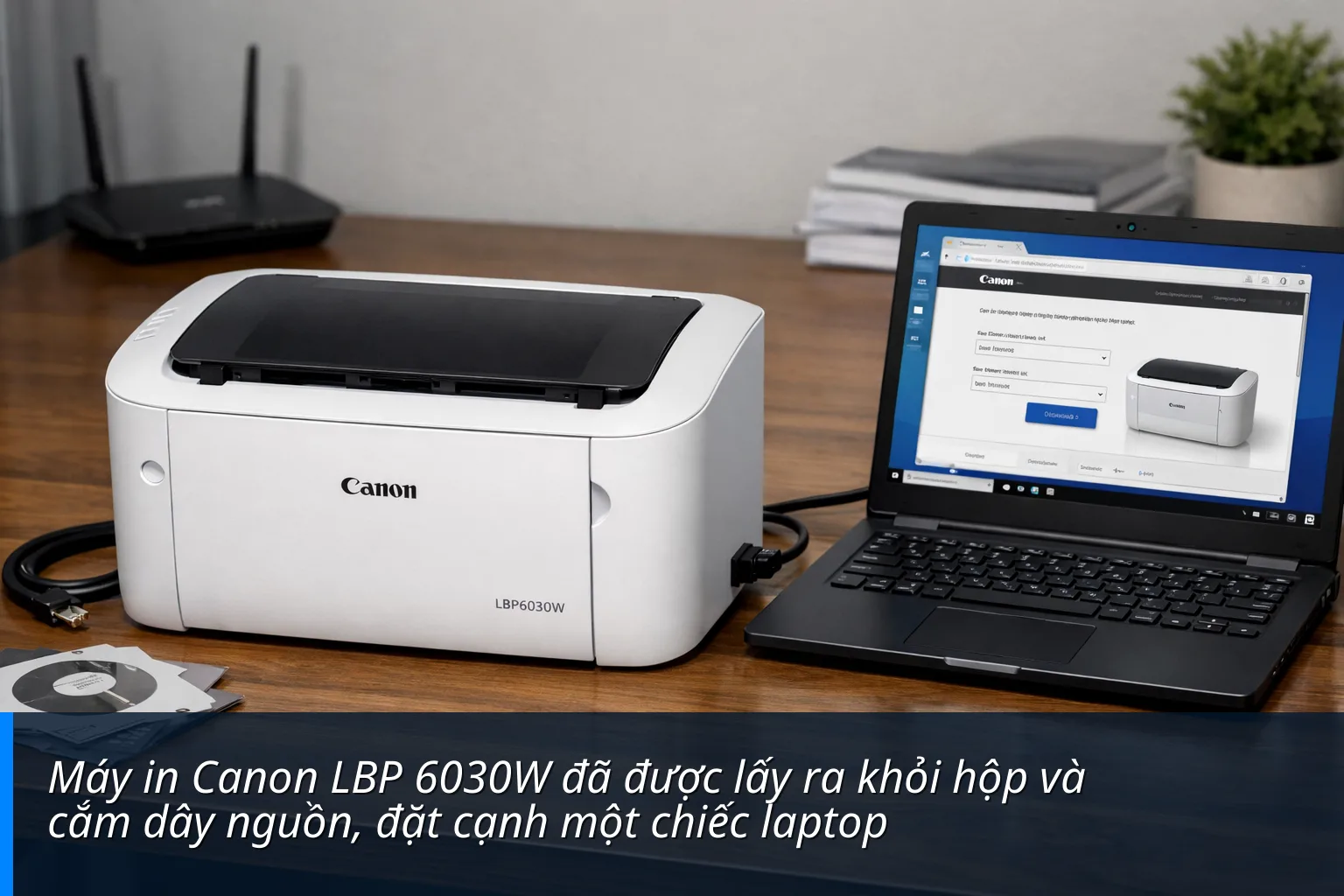 Máy in Canon LBP 6030W đã được lấy ra khỏi hộp và cắm dây nguồn, đặt cạnh một chiếc laptop - Hướng dẫn cài đặt máy in Canon 6030W ( wifi )