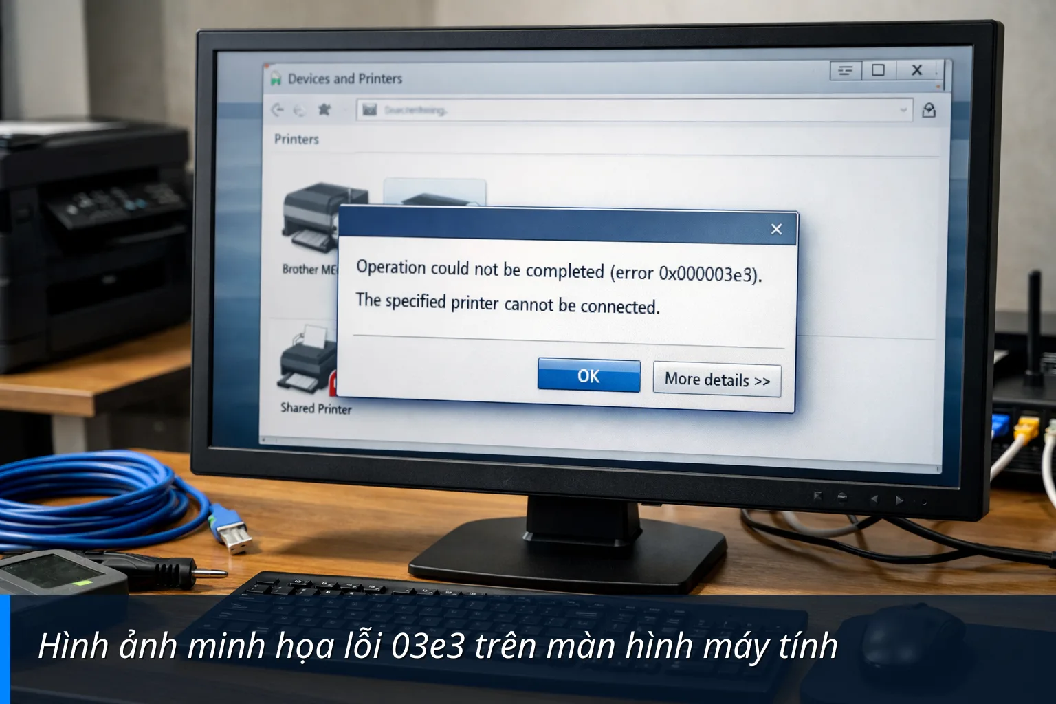 Hình ảnh minh họa lỗi 03e3 trên màn hình máy tính Hình ảnh minh họa lỗi 03e3 trên màn hình máy tính - Hướng dẫn fix lỗi 03e3 chia sẽ máy in trong mạng Lan