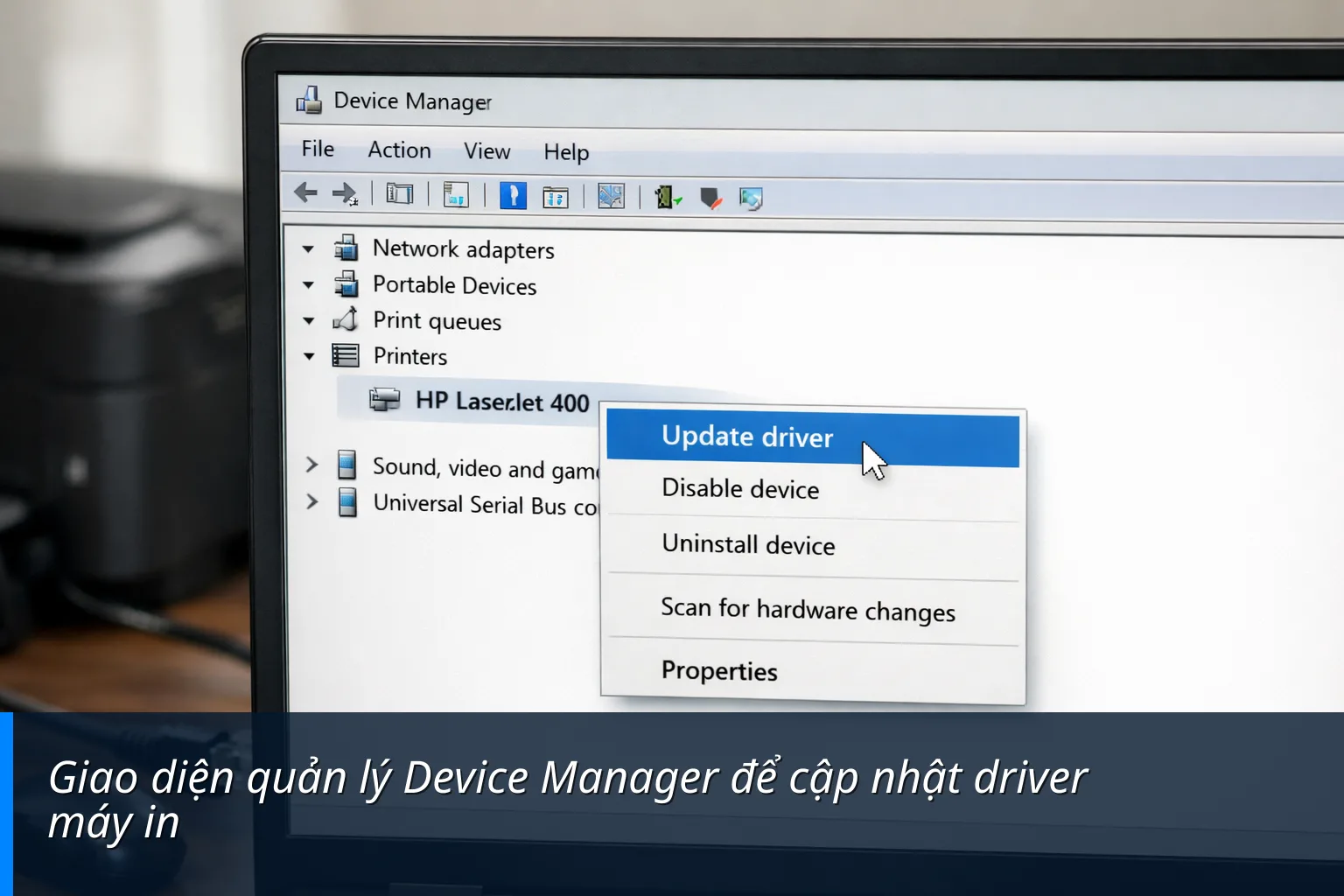 Giao diện quản lý Device Manager để cập nhật driver máy in Giao diện quản lý Device Manager để cập nhật driver máy in - Hướng dẫn fix lỗi 03e3 chia sẽ máy in trong mạng Lan