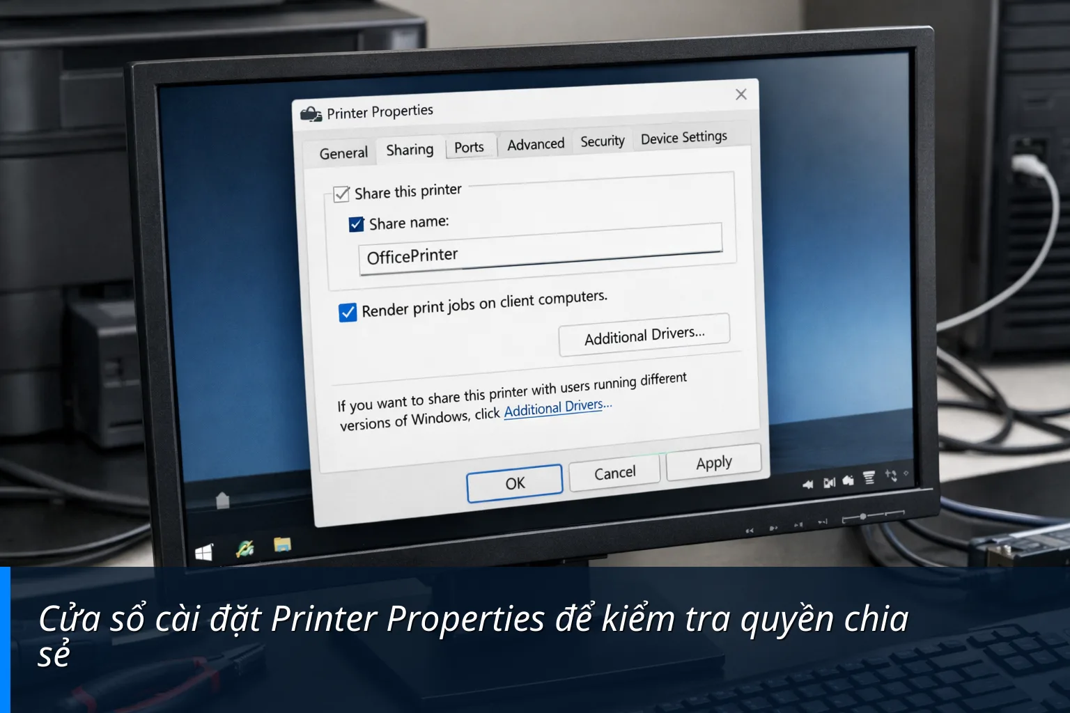 Cửa sổ cài đặt Printer Properties để kiểm tra quyền chia sẻ Cửa sổ cài đặt Printer Properties để kiểm tra quyền chia sẻ - Hướng dẫn fix lỗi 03e3 chia sẽ máy in trong mạng Lan