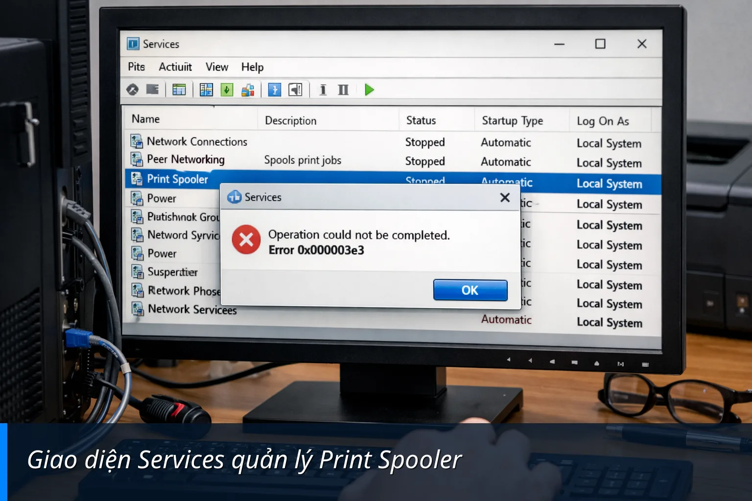 Giao diện Services quản lý Print Spooler Giao diện Services quản lý Print Spooler - Hướng dẫn fix lỗi 03e3 chia sẽ máy in trong mạng Lan