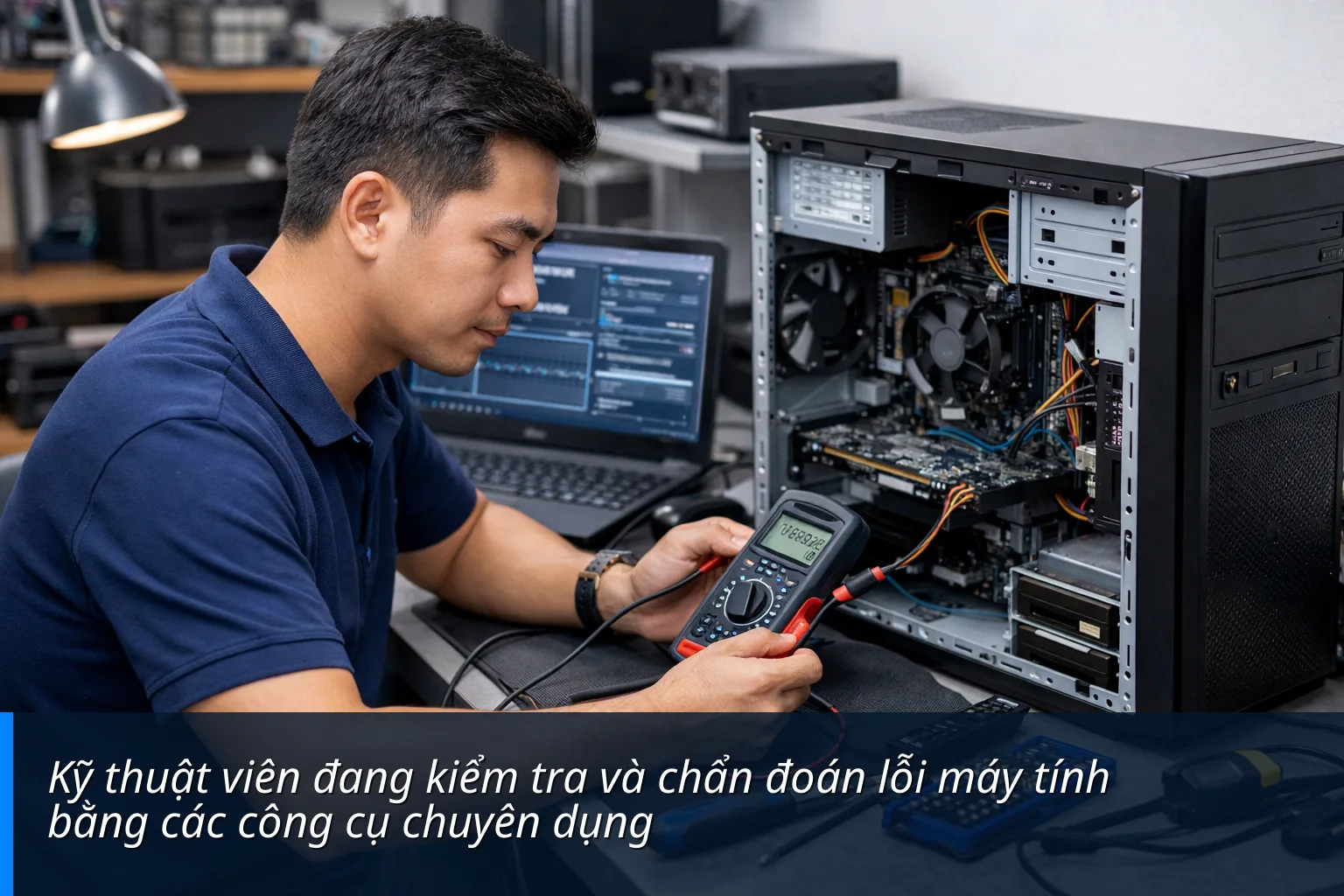 Kỹ thuật viên đang kiểm tra và chẩn đoán lỗi máy tính bằng các công cụ chuyên dụng - Sửa máy tính xã Hải Lộc