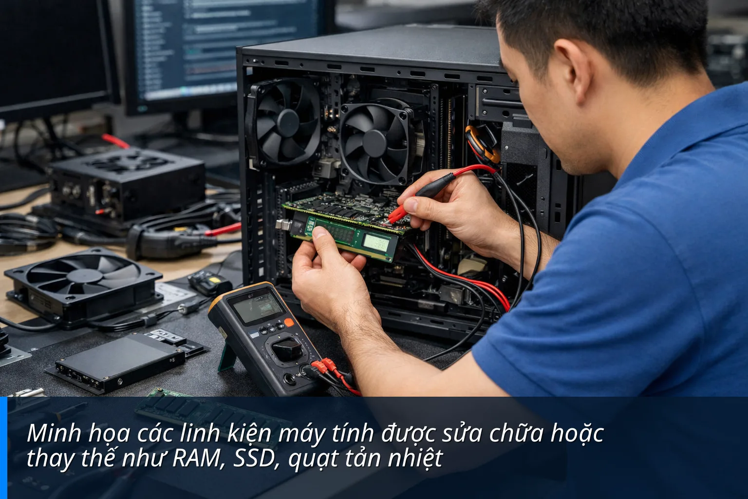 Minh họa các linh kiện máy tính được sửa chữa hoặc thay thế như RAM, SSD, quạt tản nhiệt - Sửa máy tính xã Hải Lộc