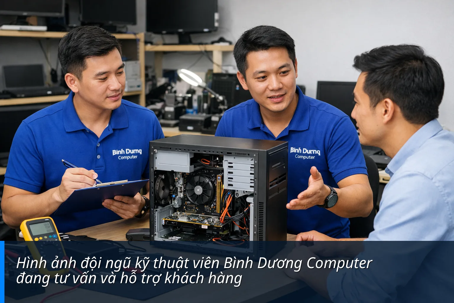 Hình ảnh đội ngũ kỹ thuật viên Bình Dương Computer đang tư vấn và hỗ trợ khách hàng - Sửa máy tính xã Hải Lộc
