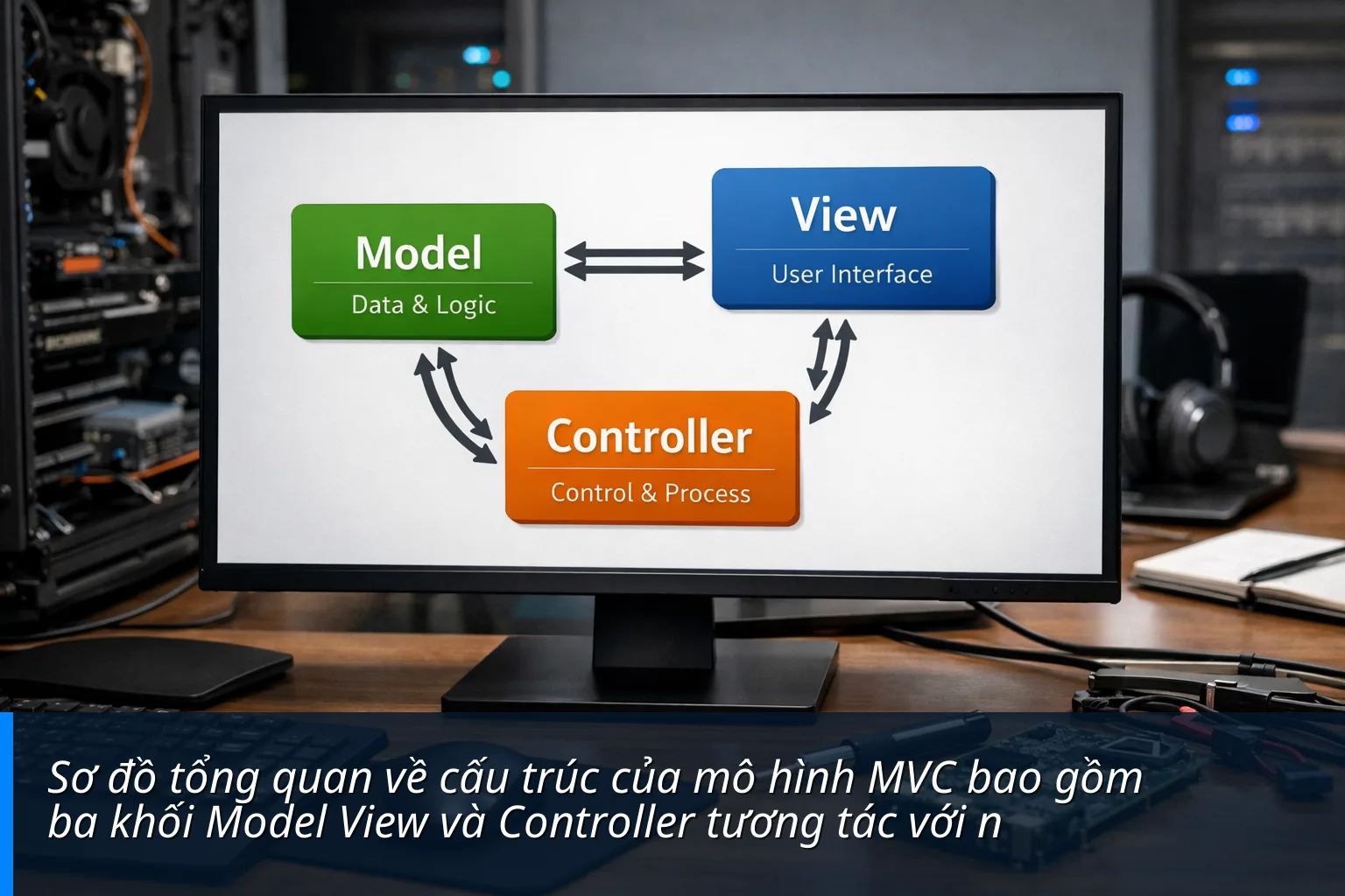 Sơ đồ tổng quan về cấu trúc của mô hình MVC bao gồm ba khối Model View và Controller tương tác với nhau - Mô hình MVC là gì? Tìm hiểu các thành phần trong mô hình MVC