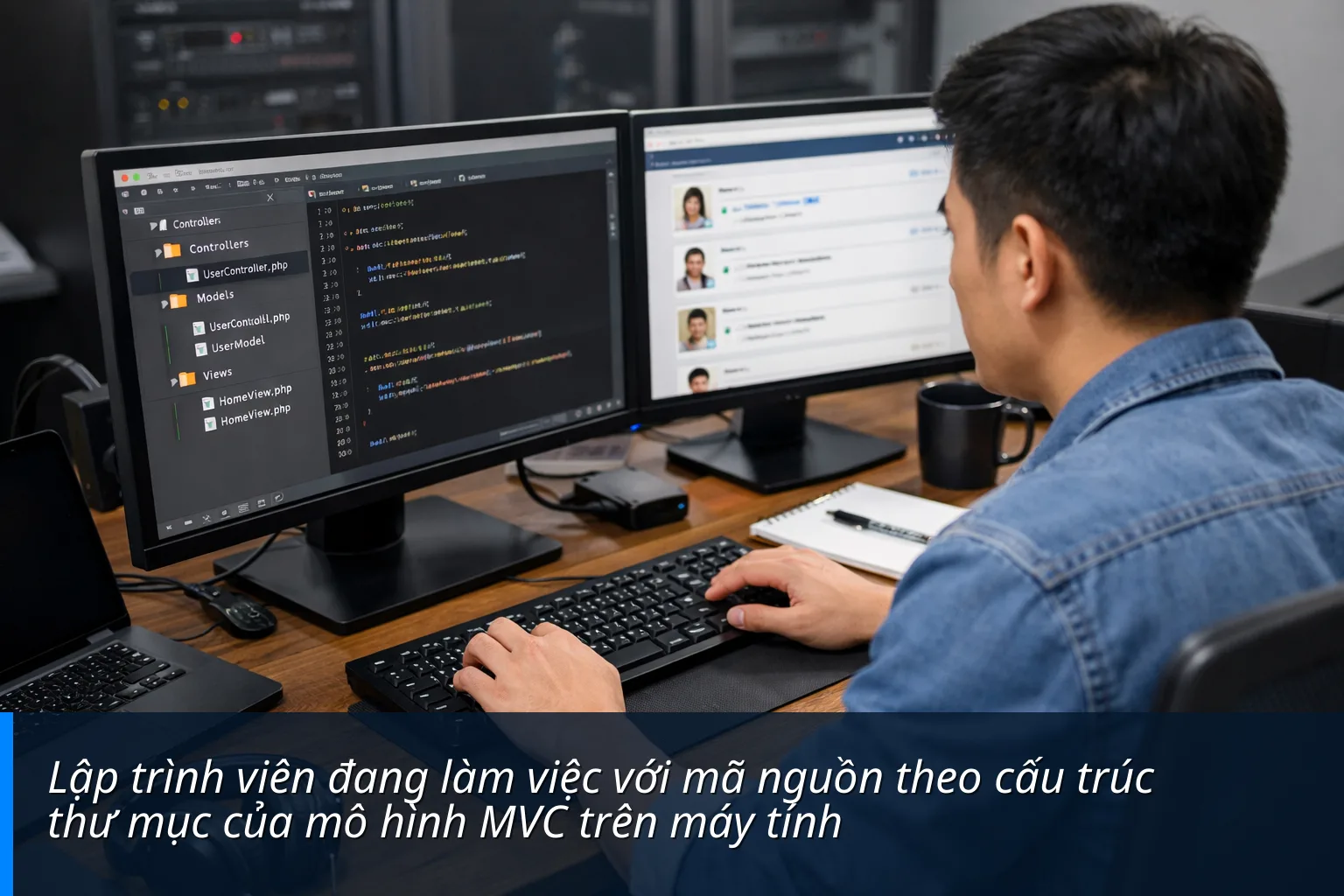 Lập trình viên đang làm việc với mã nguồn theo cấu trúc thư mục của mô hình MVC trên máy tính - Mô hình MVC là gì? Tìm hiểu các thành phần trong mô hình MVC