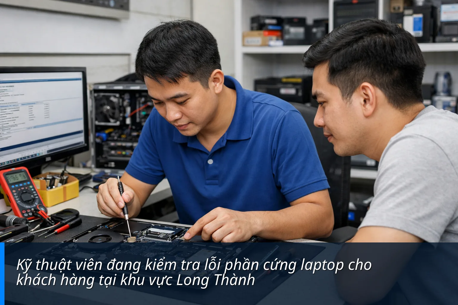 Kỹ thuật viên đang kiểm tra lỗi phần cứng laptop cho khách hàng tại khu vực Long Thành - Review Top cửa hàng sửa máy tính Tại Long Thành