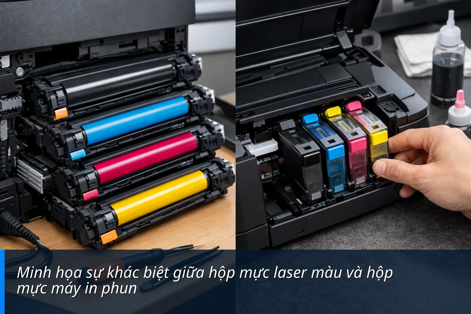 Minh họa sự khác biệt giữa hộp mực laser màu và hộp mực máy in phun - So sánh giữa máy in laser màu và máy in phun