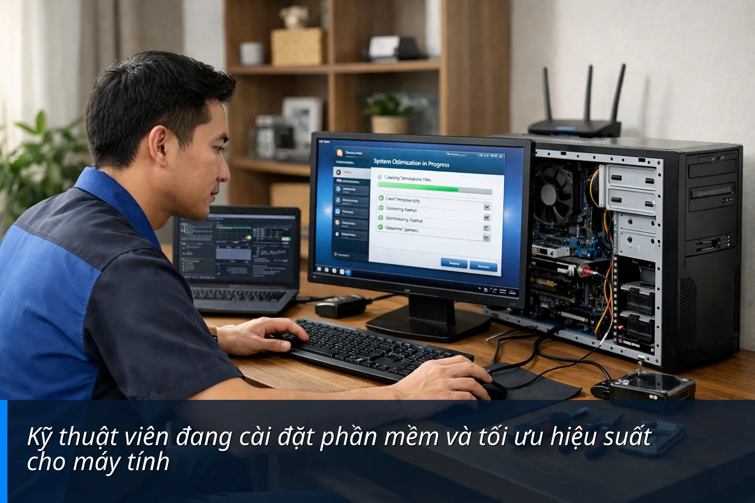 Kỹ thuật viên đang cài đặt phần mềm và tối ưu hiệu suất cho máy tính - Sửa máy tính tại nhà Xã Hòa Lộc