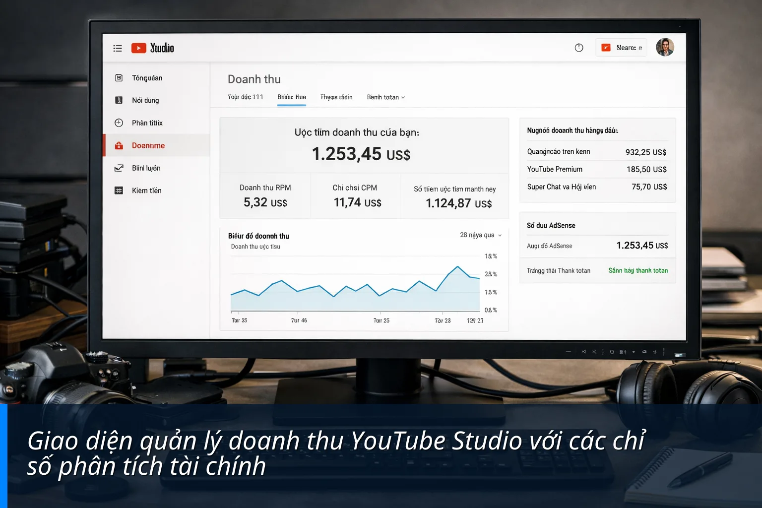 Giao diện quản lý doanh thu YouTube Studio với các chỉ số phân tích tài chính - Youtube trả tiền như thế nào?