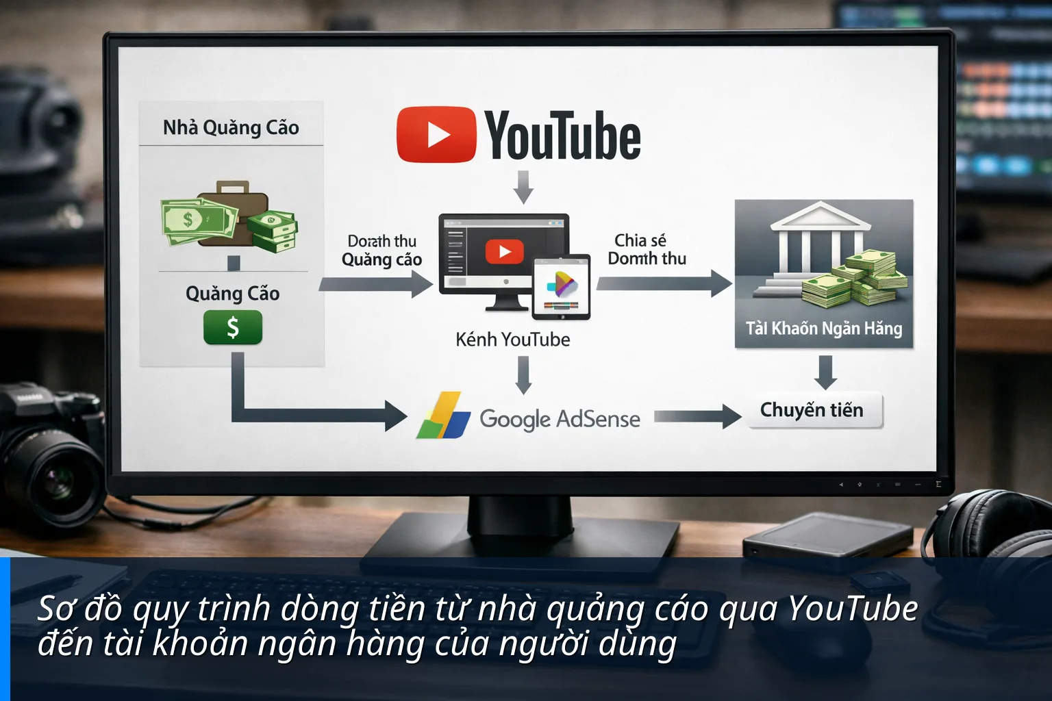 Sơ đồ quy trình dòng tiền từ nhà quảng cáo qua YouTube đến tài khoản ngân hàng của người dùng - Youtube trả tiền như thế nào?