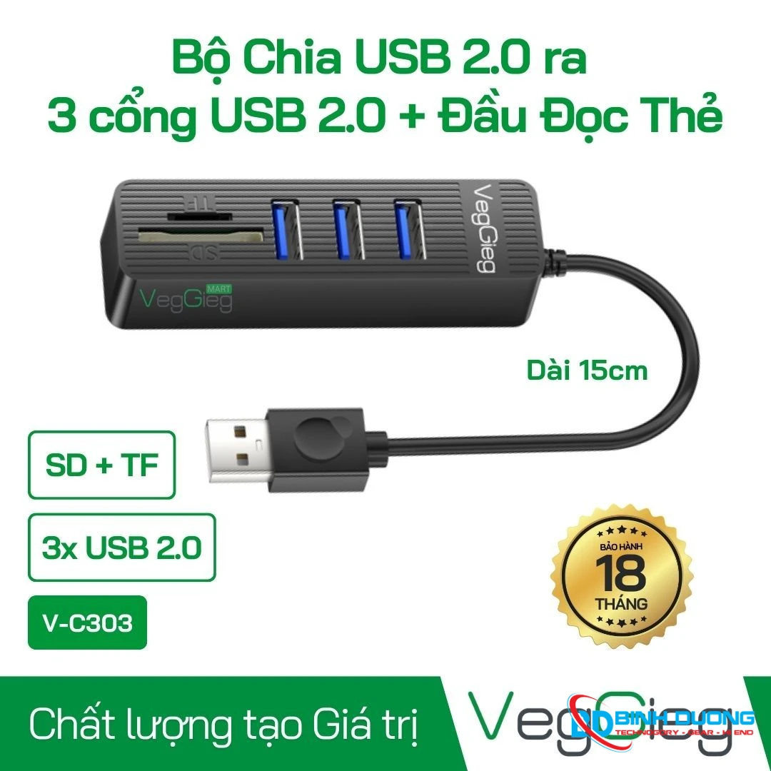 Bộ Chia USB2.0 ra 3 cổng USB2.0 + Đầu Đọc Thẻ (SD+TF 2 TRONG 1) - V-C303 - Chi tiết 2