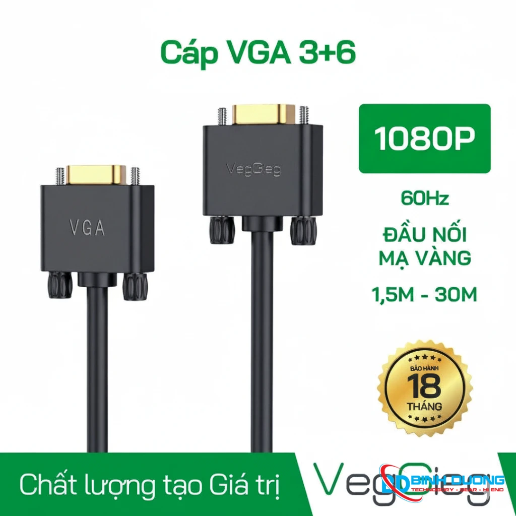 Dây Cáp VGA Veggieg V-V202 2 đầu dương Dài 1.5m FHD 1080 - VEGGIEG-VGA-V202-1M5 chính hãng