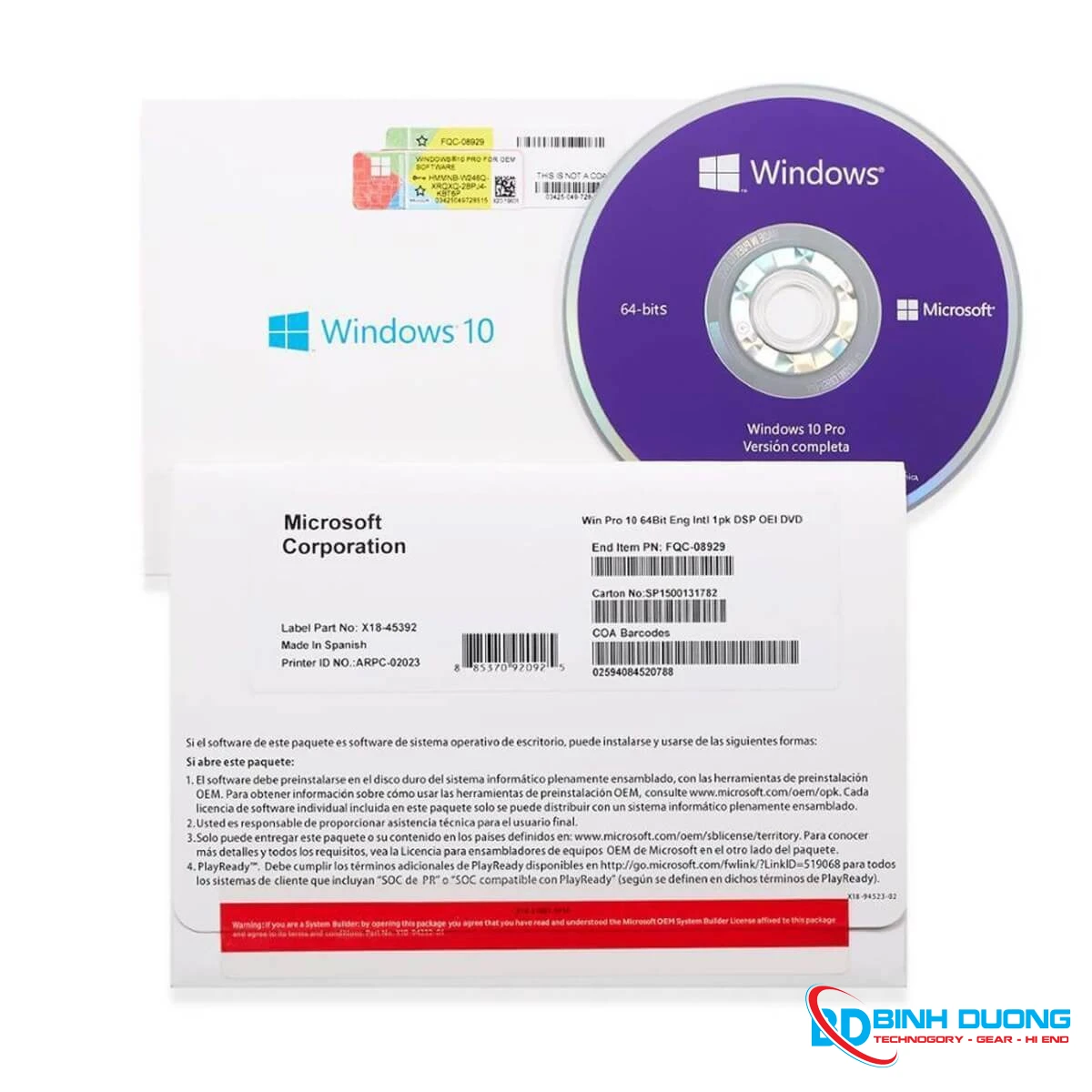 Phần mềm Microsoft Windows Pro 10 64Bit 1pk DSP OEI DVD FQC-08929 - MS-FQC-08929 chính hãng